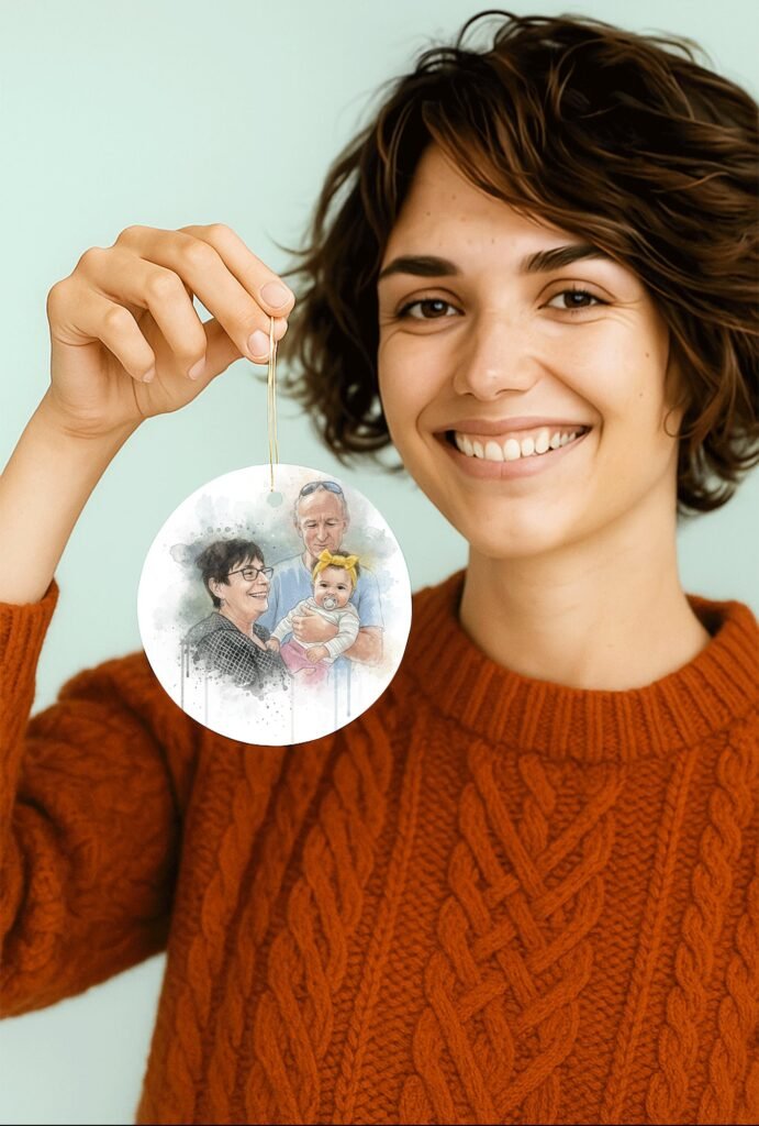 A women holding a ornament wearing a orange knitted sweater, she is smiling, the ornament has a hand drawn portrait of grandparents