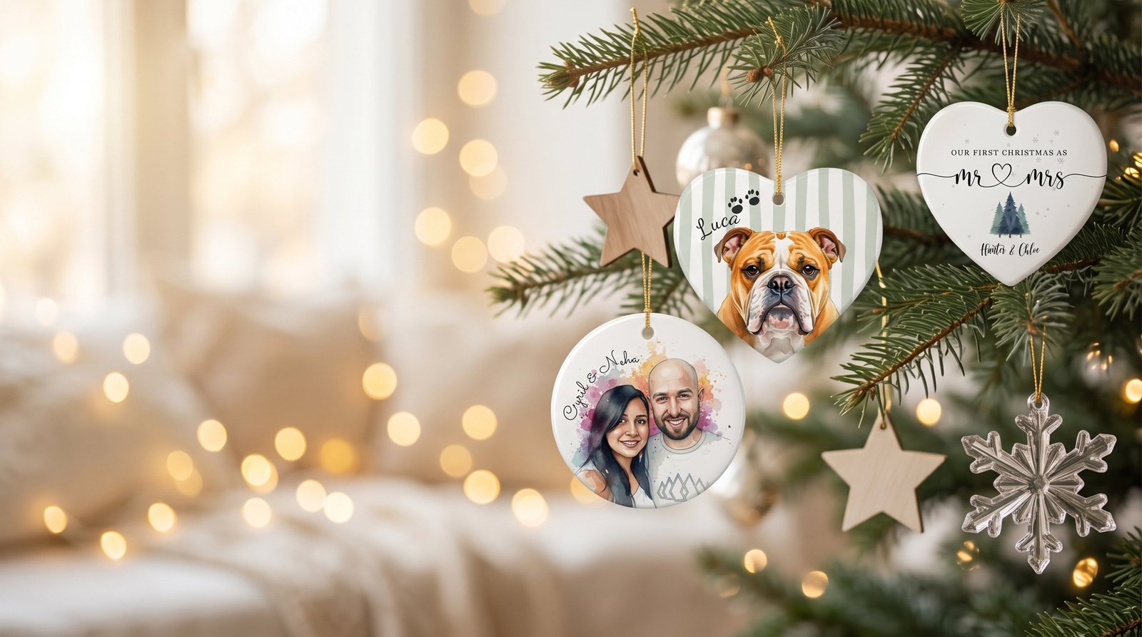 Personalized Christmas ornaments on a tree